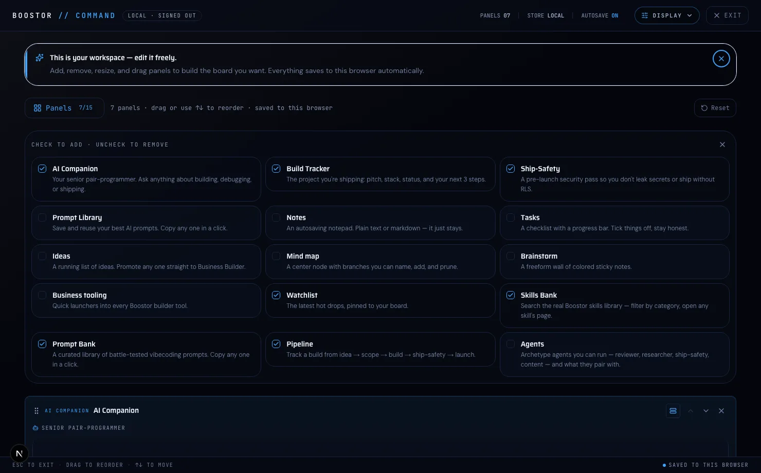 Panel manager — Check to add, uncheck to remove. All sixteen panel kinds, on or off in a click.