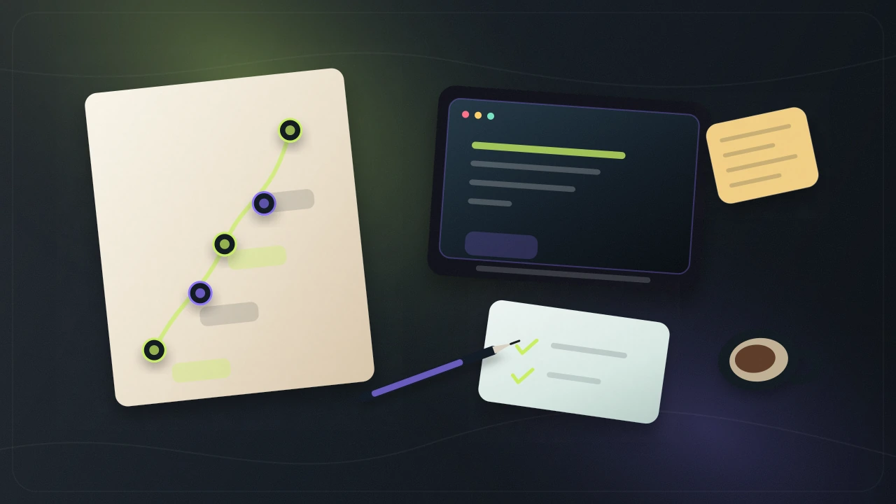 Learning path desk with notebook, practice steps, app cards, and checkpoint markers.