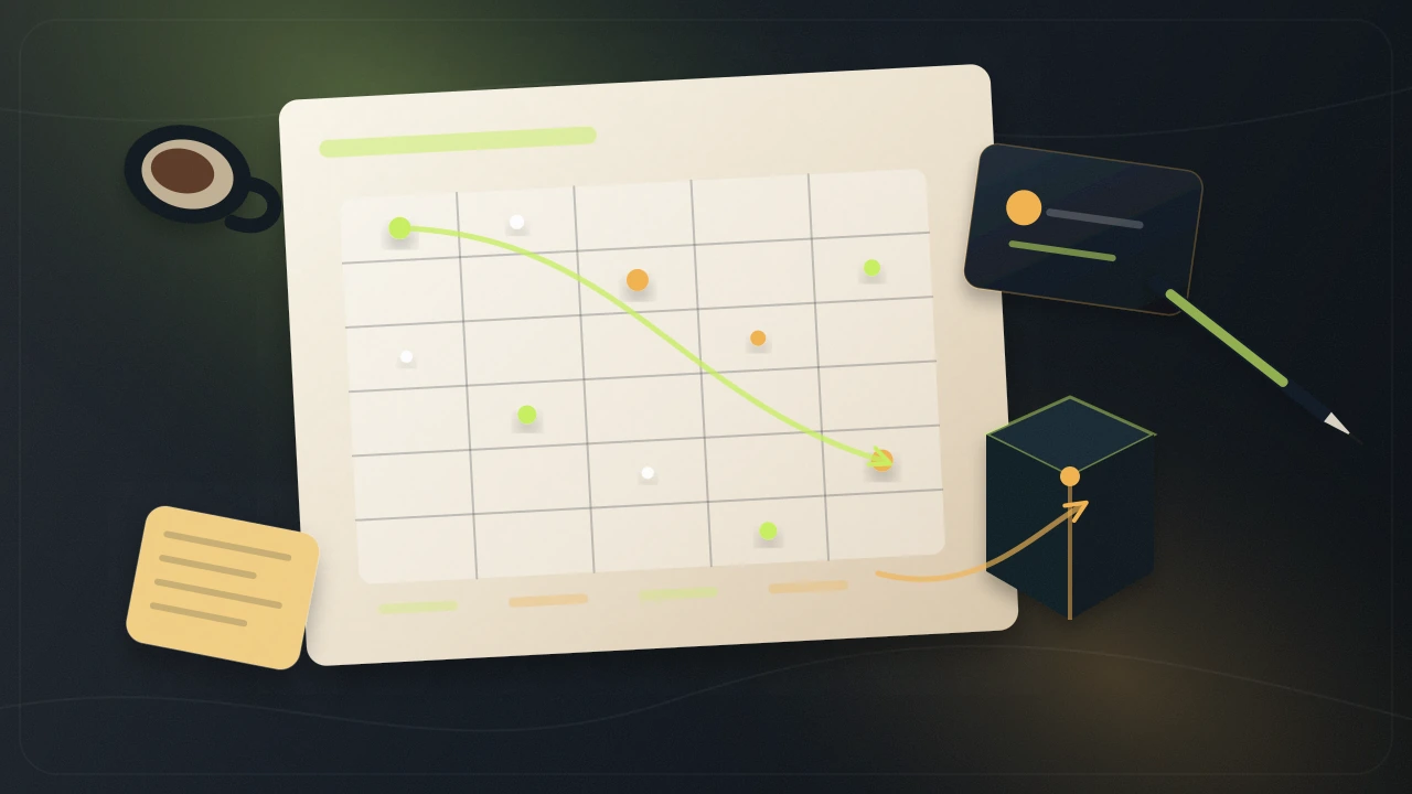 Thirty-day launch calendar on a founder desk with milestone pins and product artifacts.