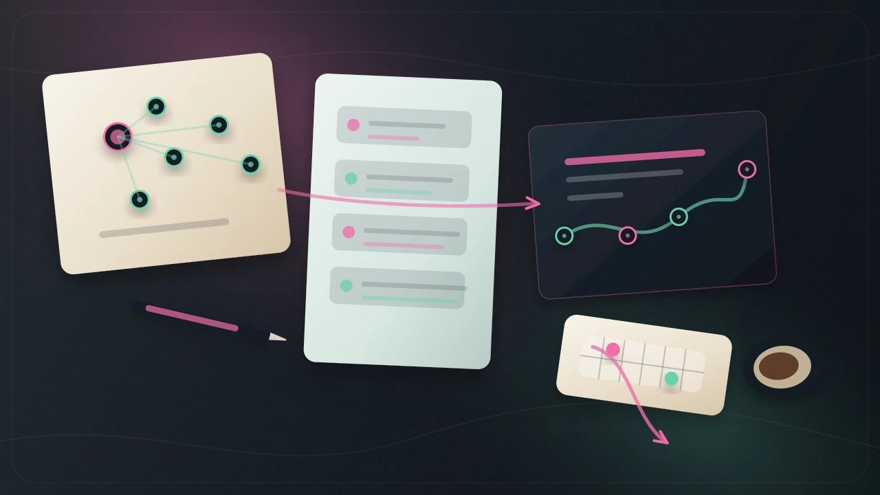 Content engine desk with research cards, source receipts, keyword clusters, and publishing queue.