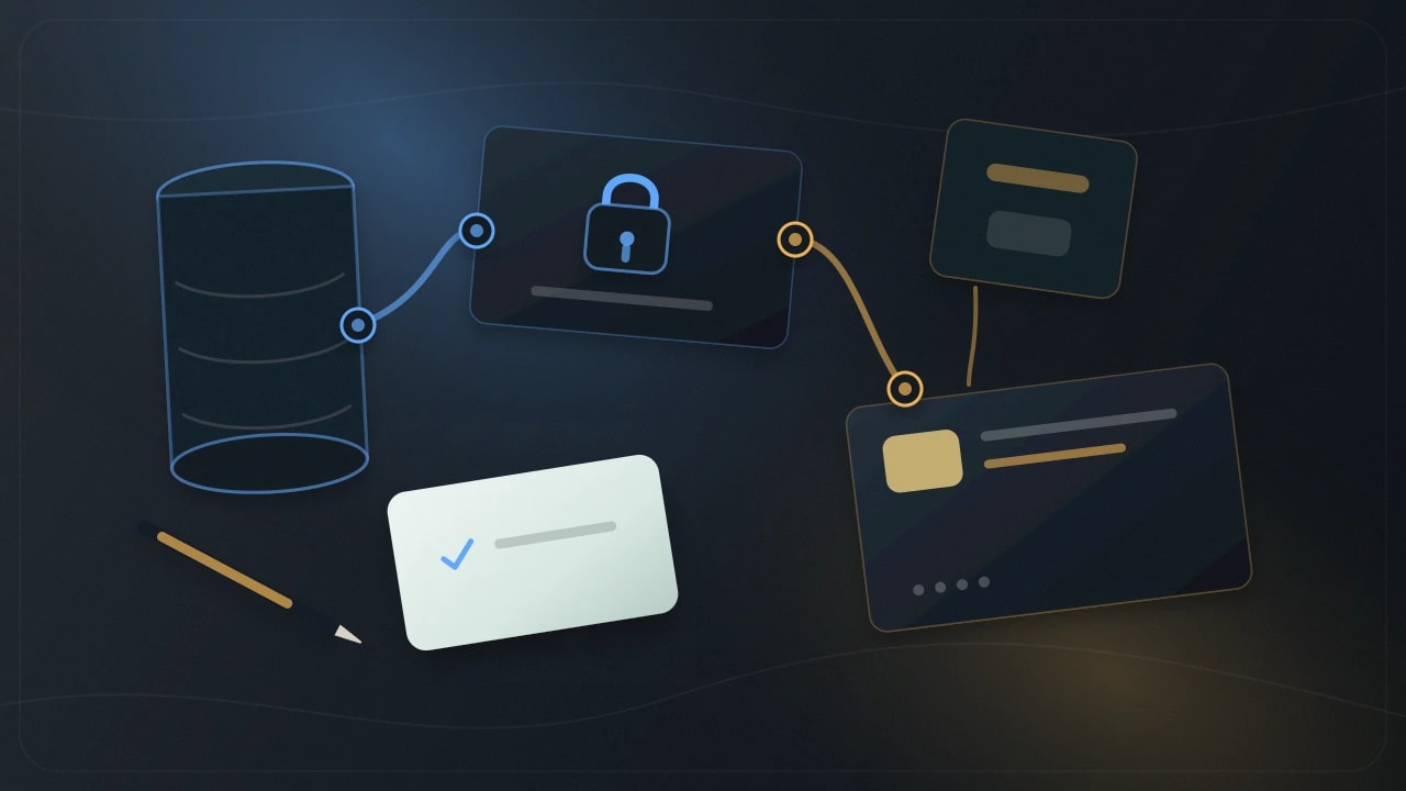 Database, lock, and payment card artifacts connected as a production app stack.