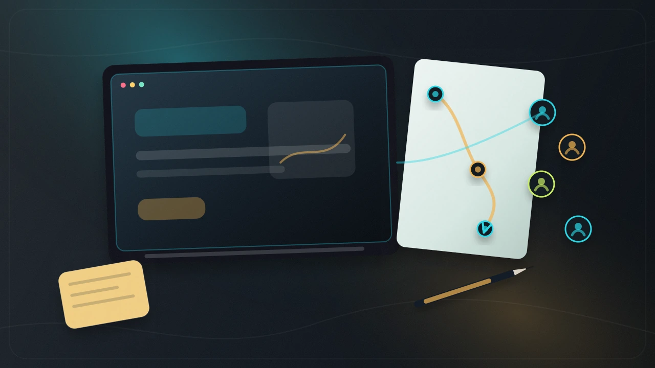 Landing page launch scene with browser mockup, customer signal dots, and conversion path.