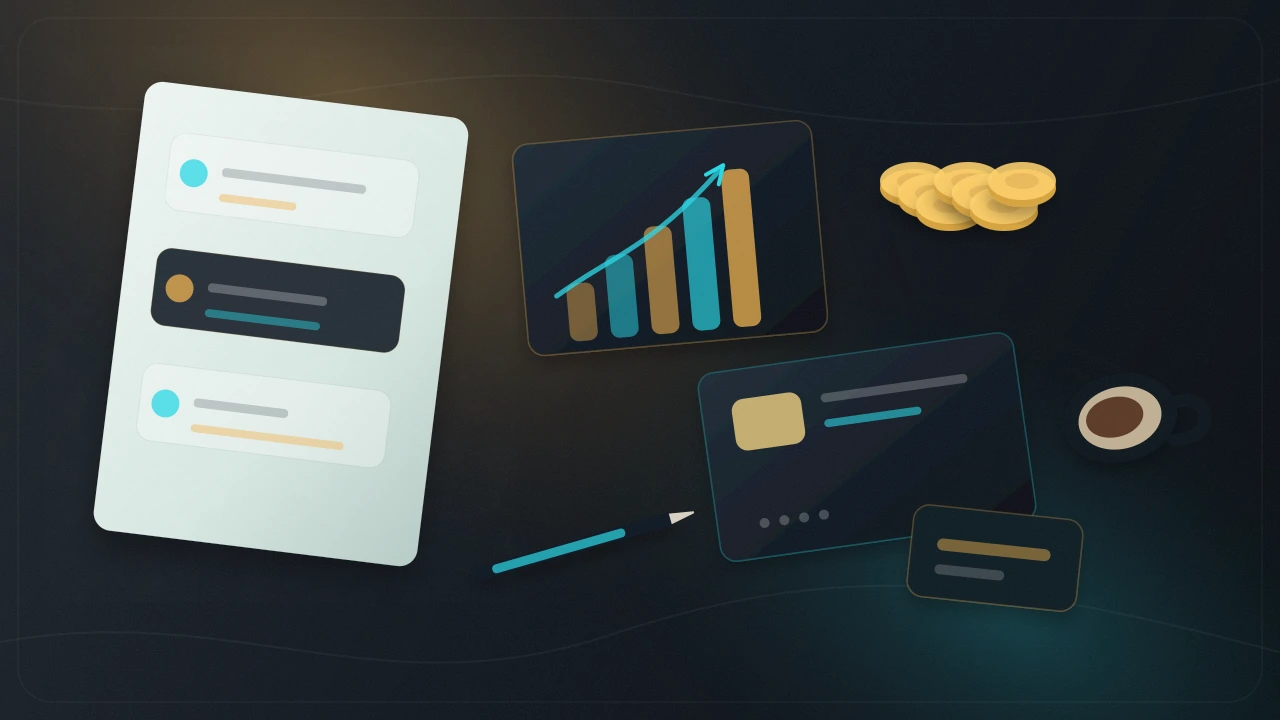 Pricing strategy desk with tier cards, coins, meter blocks, and value signals.