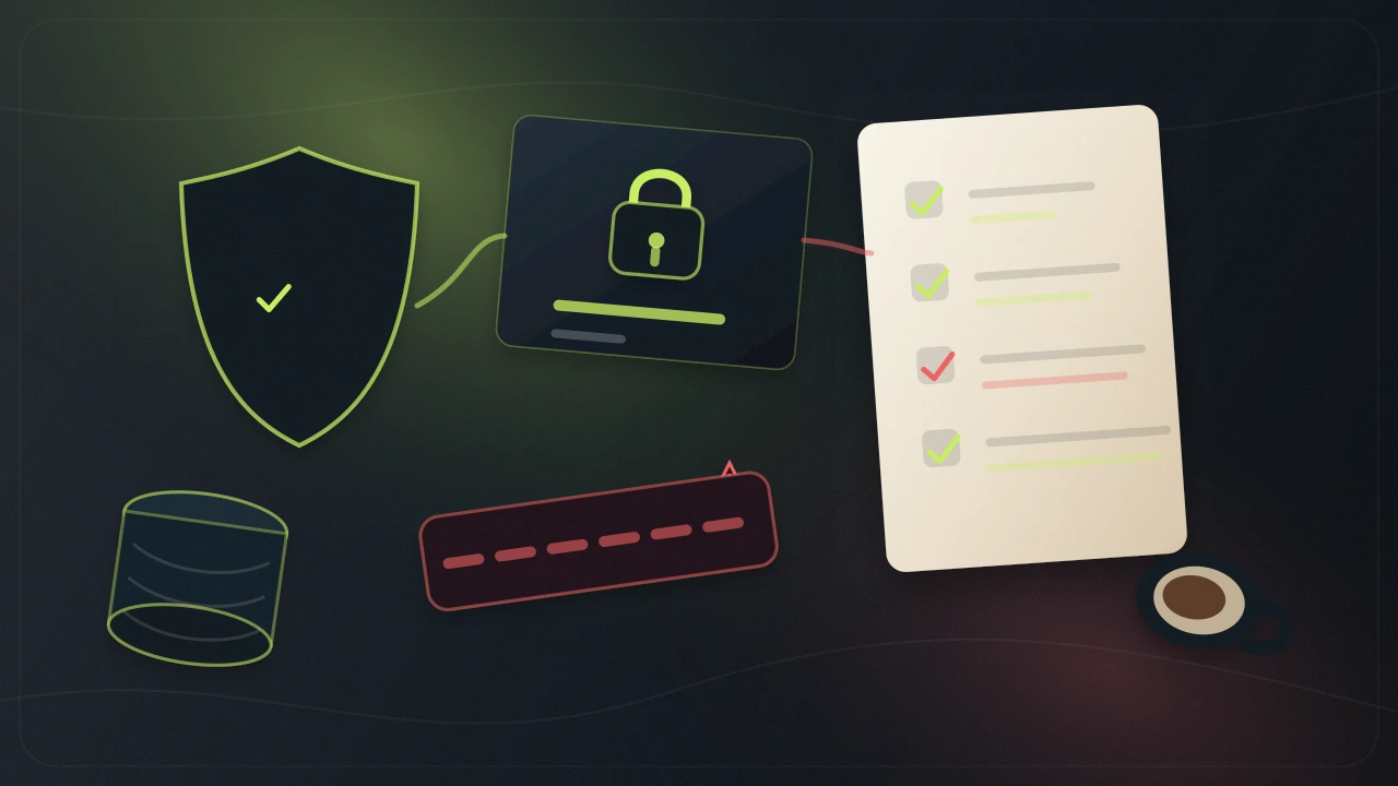 Security gate scene with vault, lock, checklist cards, and release control markers.